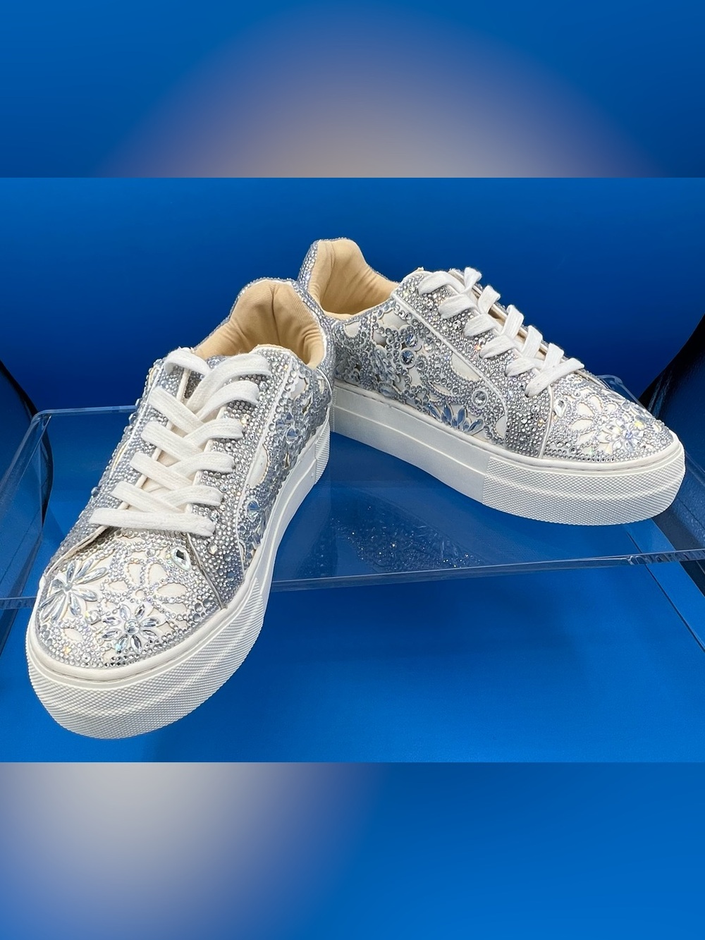 Betsey Johnson White Crystal Embellished Platform Sneakers, US 8.5  NWOB